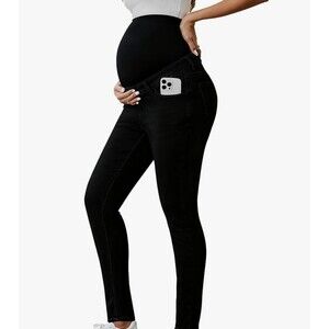 New Womens Ecavus Black Straight Leg Over Belly Maternity Jeans Large